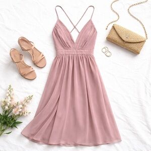 Romantic Mauve Pleated Midi Dress S | Feminine Euro-Summer Wedding Guest Prom